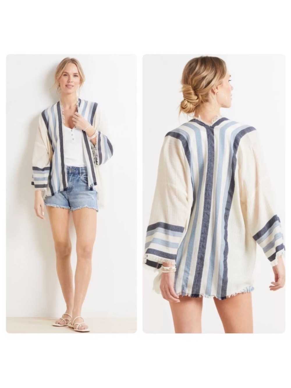 Michael Stars (Evereve)Striped Open-Front Women’s Jacket Coat - Cream & Blue